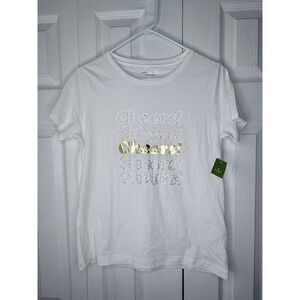 NWT Kate Spade New York Cheers! Graphic T-Shirt White Gold Metallic Women's S